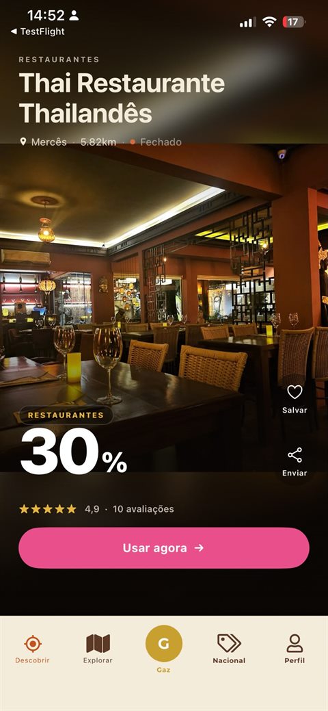 Tela do app: a ficha de um restaurante parceiro com 30% de desconto e o botão “Usar agora”.
