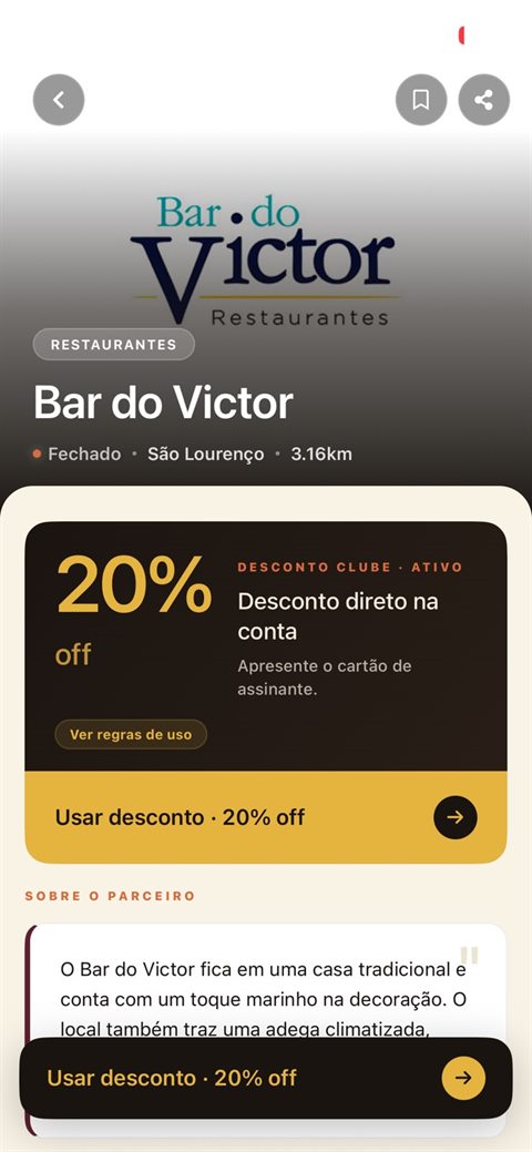 Tela do app: o desconto de 20% do Bar do Victor, com as regras de uso e o botão para usar.